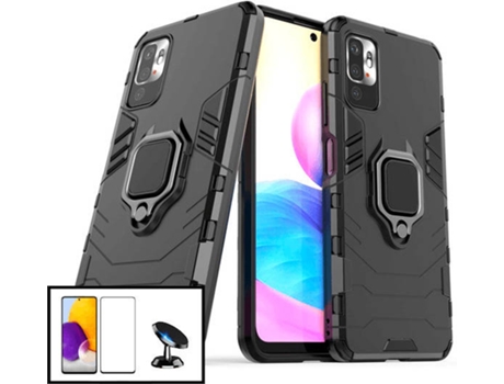 Kit Protector de Cristal Templado 5D Full Cover, Funda 3X1 Military Defender y Soporte Magnético de Coche Xiaomi Redmi 10 Prime PHONECARE Negro