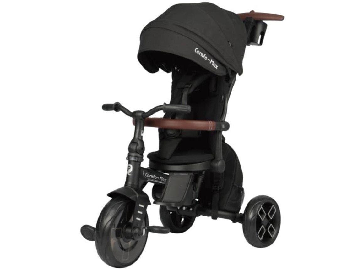 Triciclo evolutivo Comfo Max 6 en 1 negro | Triciclo plegable de aluminio para bebés de 1 año con asiento giratorio de 360°, asiento reclinable y capota para bebés Qplay