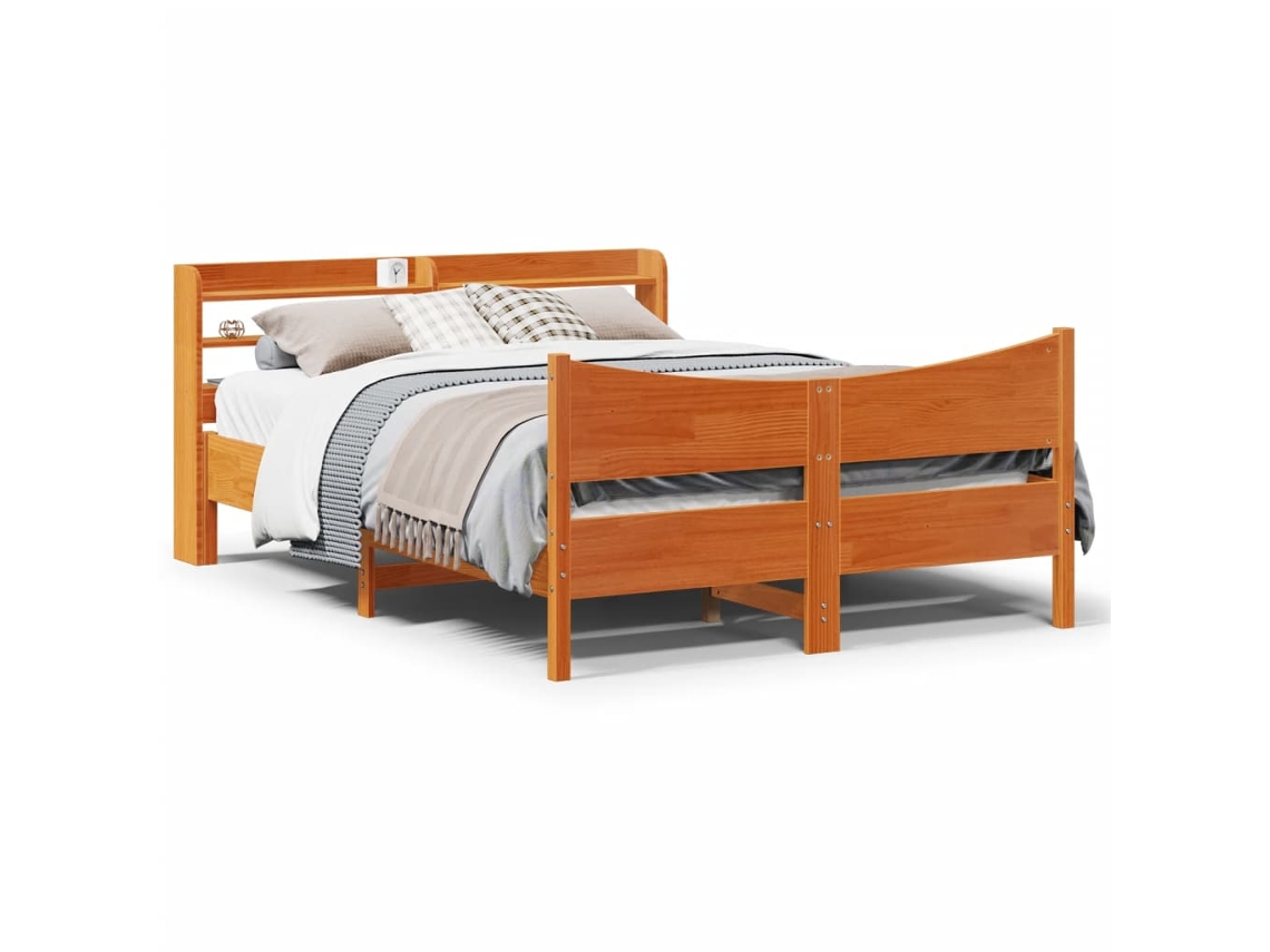 Estructura Cama Con Cabecero Madera Pino Marrón Cera 140x190 Cm
