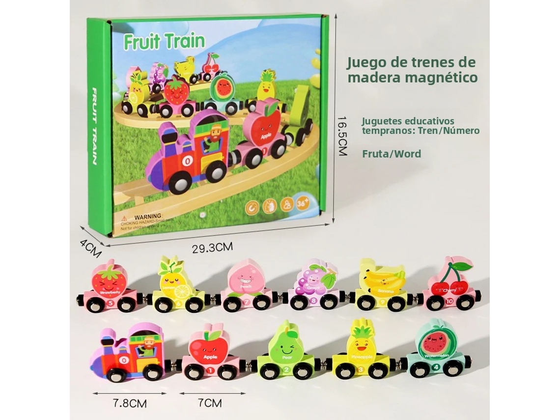 Tren de madera de frutas, juego de rompecabezas con animales y frutas.