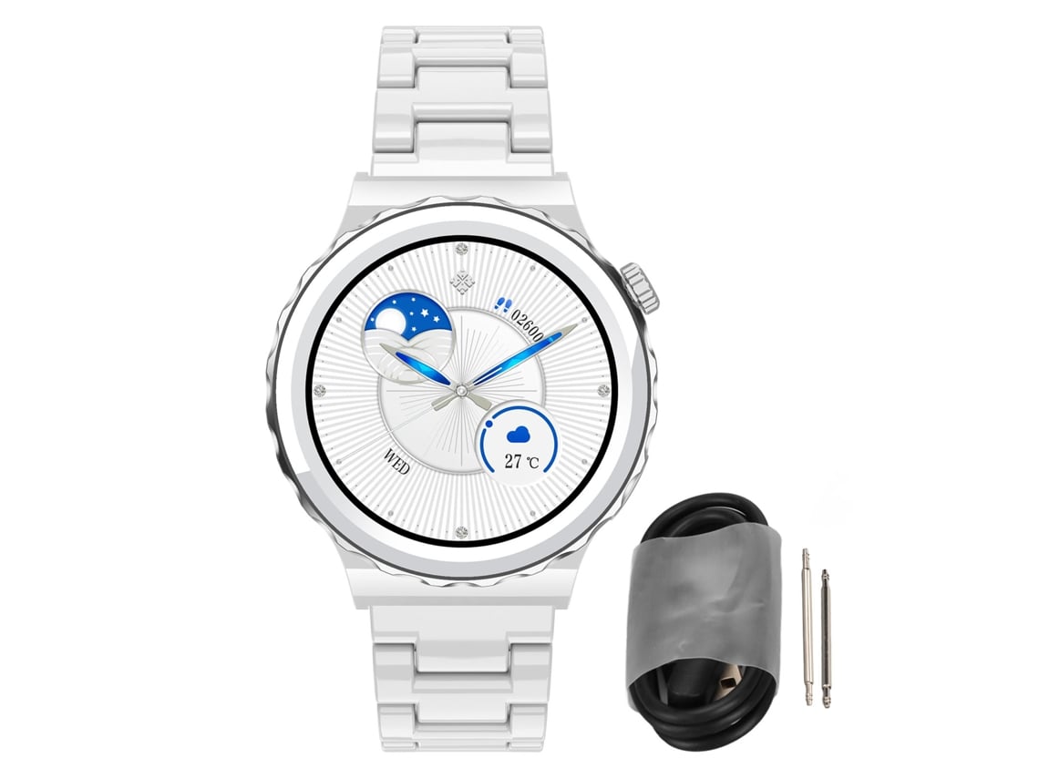 Reloj inteligente de 1,32 pulgadas, componentes de plástico, 256 kb de ROM, 192 kb de RAM, pantalla IPS, pulsera de cerámica, color plateado.