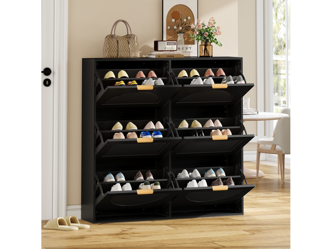 Zapatero moderno CHABERLU 118x115x25 cm con 6 compartimentos abatibles, estantes abiertos en color negro (no especificado)