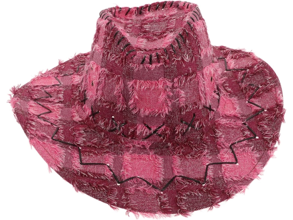 Chapéu Rosa De Caubói Com Aba Larga E Estampa De Estrelas, Ideal Para Caminhadas, Camping E Proteção Solar.