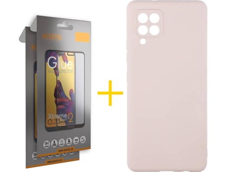 Carcasa y 2 Protectores de Pantalla de Vidrio Full Samsung A42 4G ACCETEL Silicona Líquida Rosa
