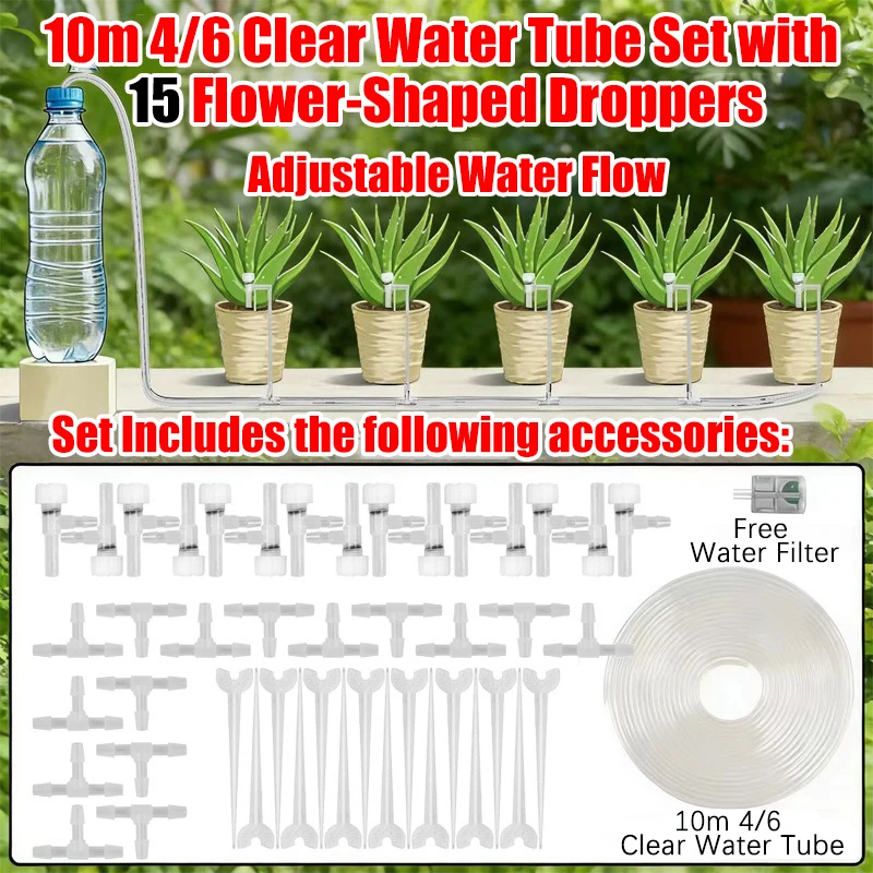 (manguera De 10 Metros, 15 Reguladores) Kit De Riego Por Goteo Para Jardín, Manguera De 4/7 Mm, Microgoteros