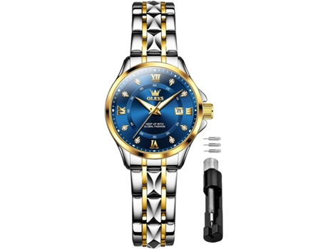 VEANXIN Reloj mecánico automático para mujer con diamantes en oro, acero inoxidable clásico de dos tonos(cara azul plata dorada)