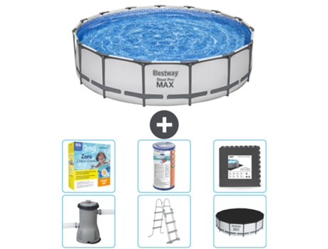 Piscina BESTWAY Round Steel Pro MAX - 457 x 107 cm - Gris - Incluida bomba - Escalera - Cobertor Paquete de mantenimiento - Filtrar - Baldosas