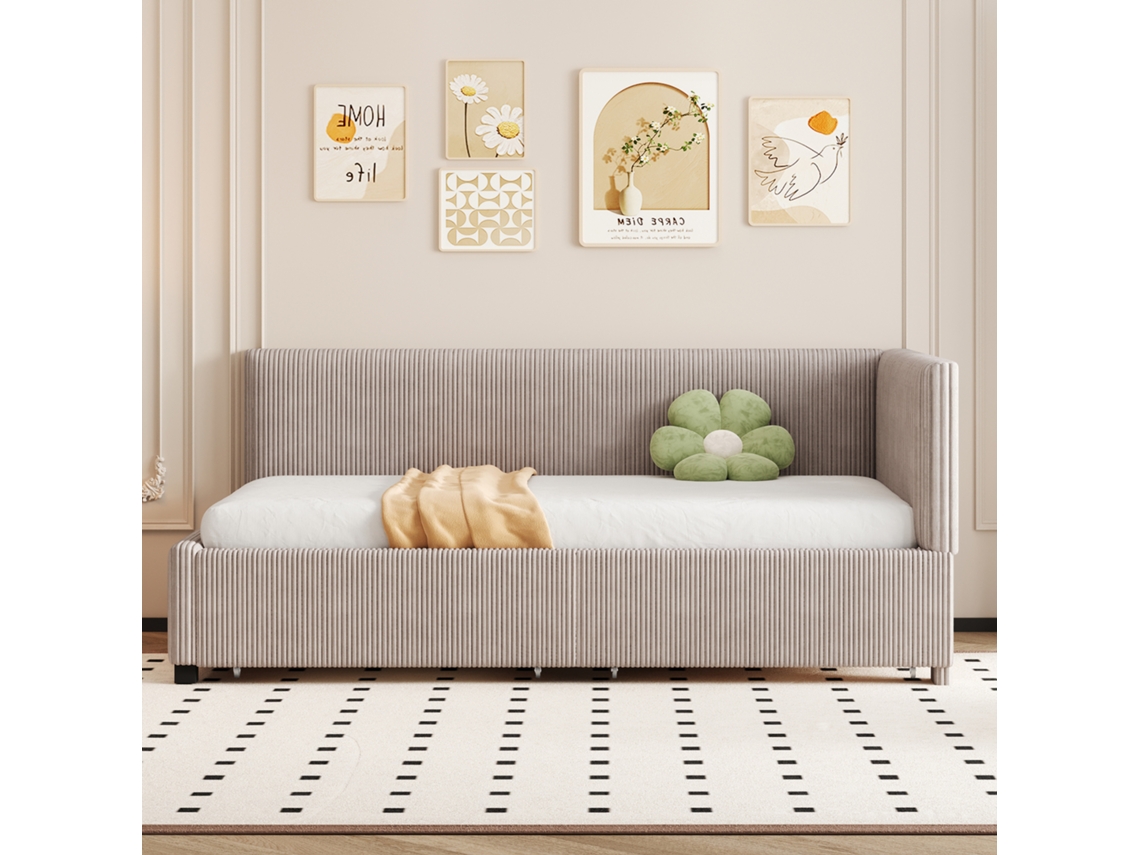 Sofá cama multifuncional de 90 x 200 cm con 2 cajones grandes y somier de láminas gris.