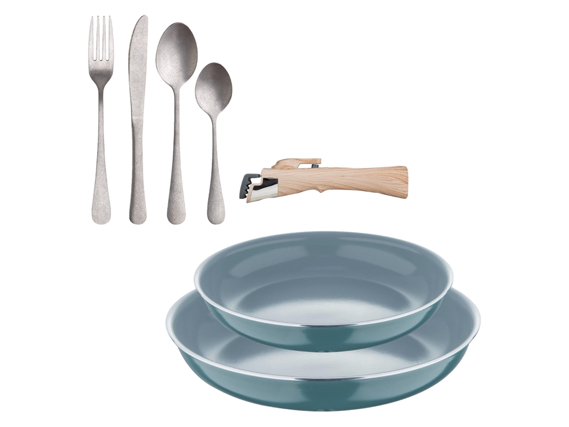 Sartenes con accesorios Ø22Ø26cm Aluminio prensado Click&Cook Bergner (3 piezas) con Set de 16 Cubiertos