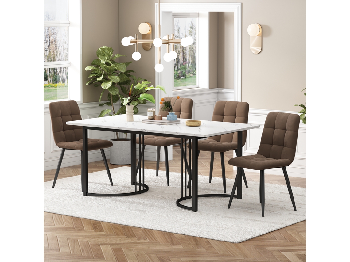 Mesa de 140 cm, 4 sillas, terciopelo marrón y negro.