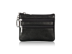 Monedero Pequeño De Piel Auténtica Para Mujer Con Llavero, 3 Bolsillos Con Cremallera Y Bolsillo Exterior (negro)