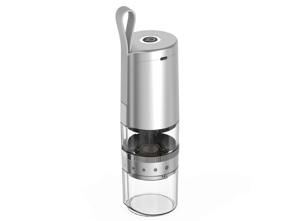 Molinillo de café eléctrico portátil con muelas ajustables y recargable, ideal para viajes y actividades al aire libre, en color plateado. Rosewell