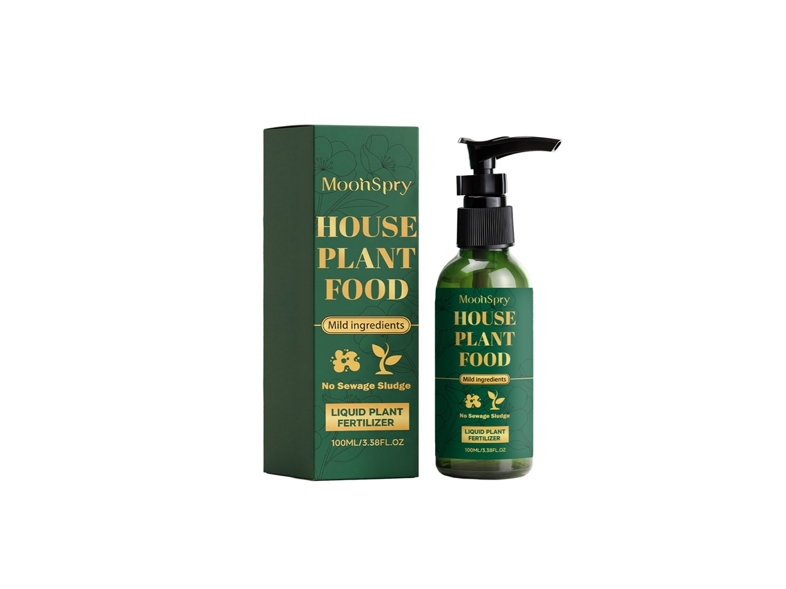Fertilizante líquido MOONSPRAY para plantas de interior, nutrición diaria y raíces verdes.