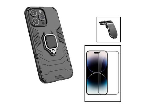 Kit de película de vidrio templado de cubierta completa 5D 3X1 soporte magnético de defensor militar L coche para Apple Iphone 15 Pro Max negro PHO...