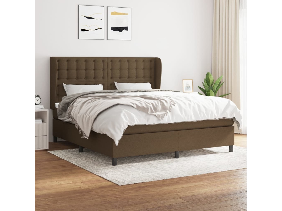 Cama Box Spring Con Colchón Tela Marrón Oscuro 160x200 Cm