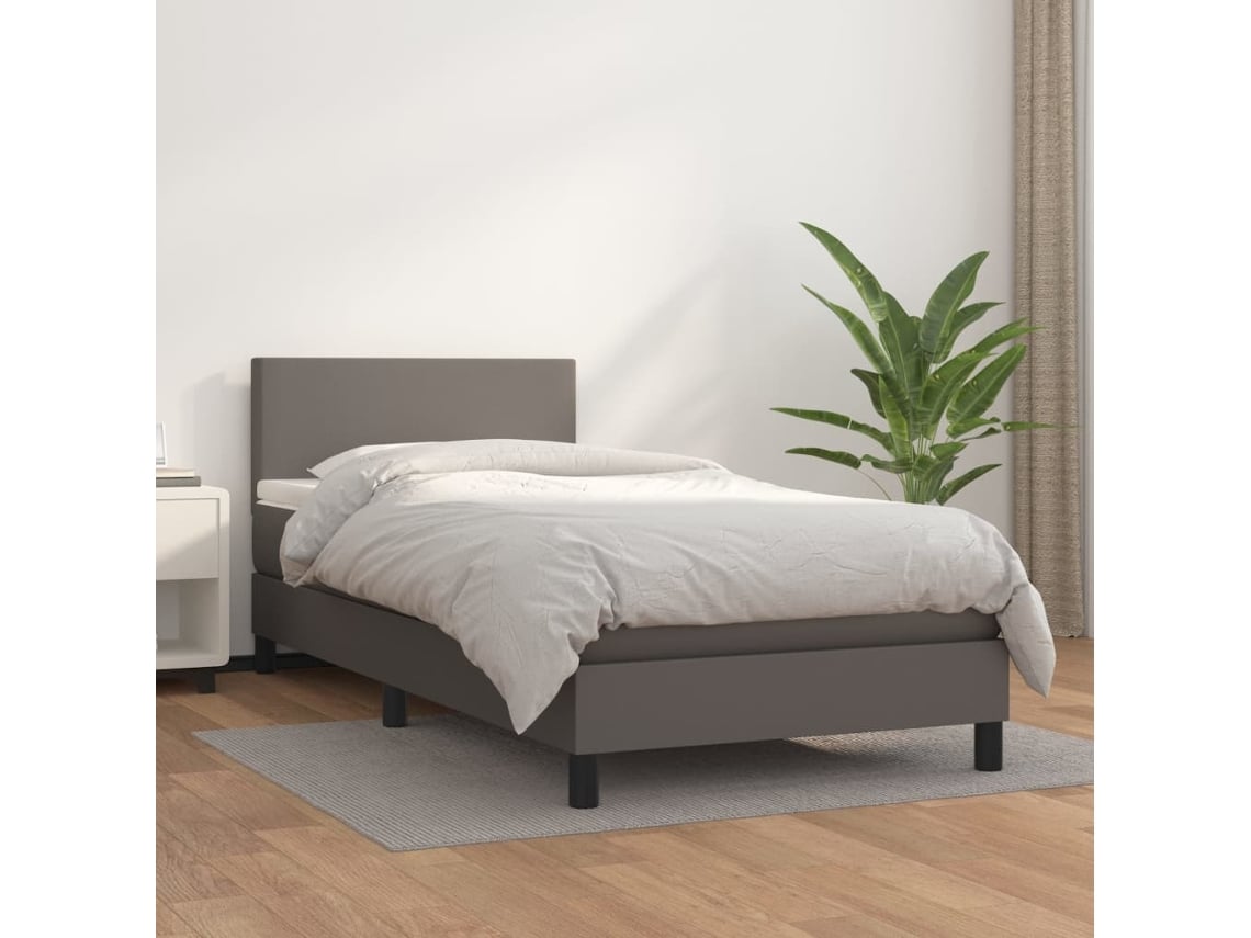 Cama Box Spring Con Colchón Cuero Sintético Gris 100x200 Cm