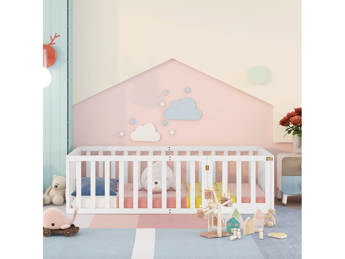 Cama infantil de 90x200 cm en madera maciza con barrera de seguridad, estilo blanco