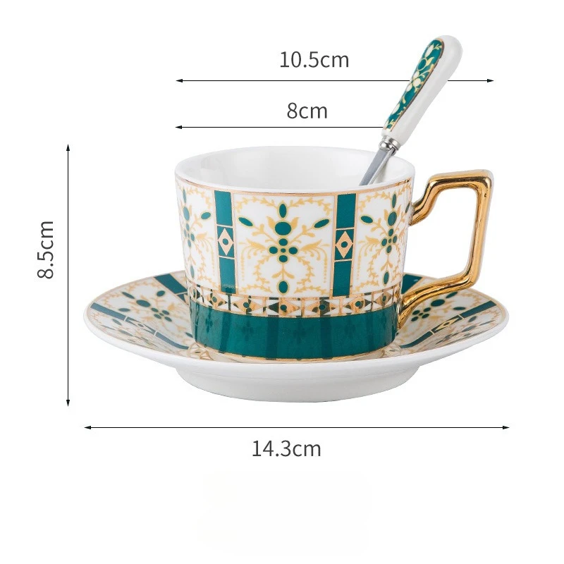 Taza de café de cerámica chapada en oro de estilo europeo con platillo, una lujosa taza para la oficina. MDUG (250 ml, jadeíta)