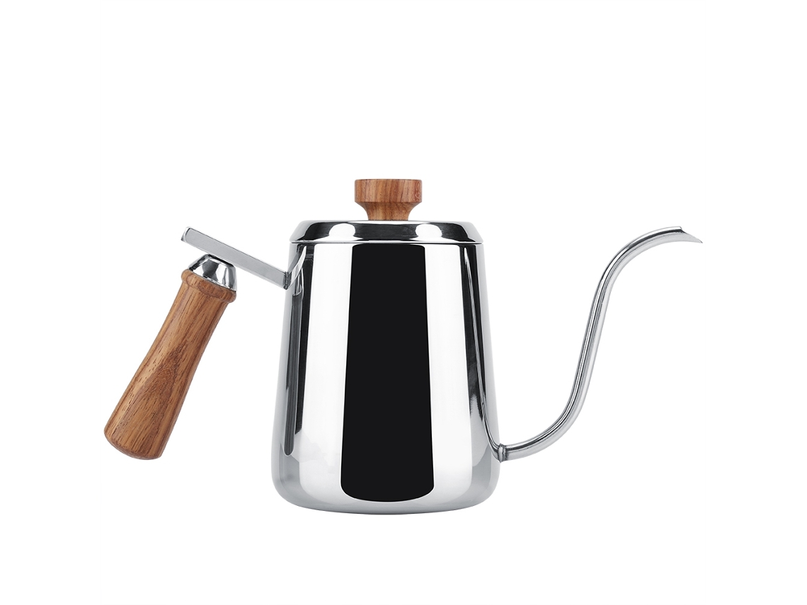 Cafetera de goteo de acero inoxidable 304 con mango de madera y pico largo, color plateado (600 ml)
