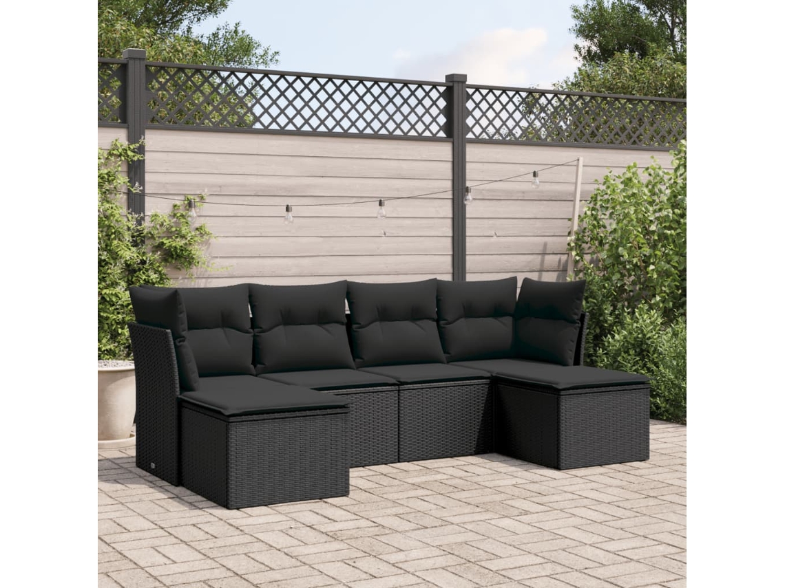 Conjunto de sofá de jardín de 6 piezas con cojines, mimbre sintético negro, DKD Home Decor