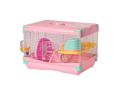 Jaula para hamster portátil casa de roedores con plataforma rueda de ejercicio comedero bebedero casera 36x27x25cm Rosa SELEOK