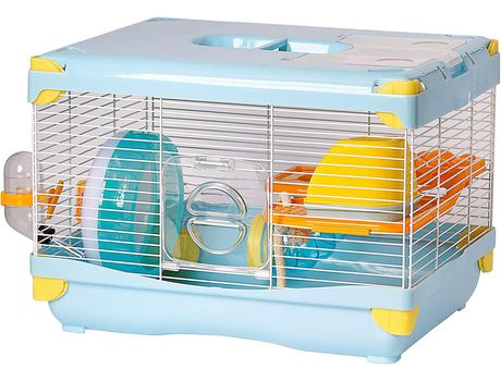 Jaula para hamster portátil casa de roedores con plataforma rueda de ejercicio comedero bebedero casera 36x27x25cm Azul SELEOK