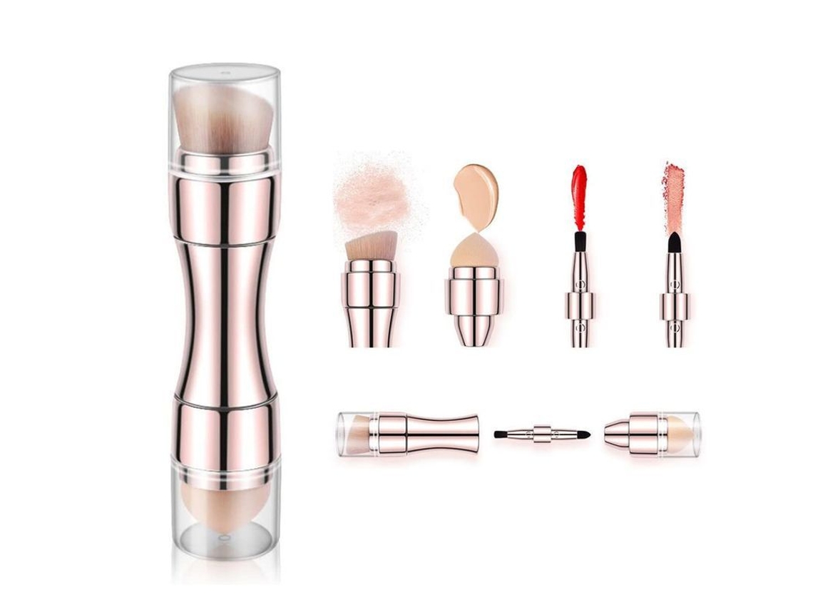 Kit De Brochas De Maquillaje 4 En 1 Con Limpiador De Silicona: Brochas Para Hombros, Sombras De Ojos, Labios Y Rostro - Oro Rosa