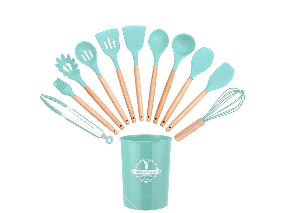 Juego de 12 utensilios de cocina de silicona antiadherentes sin BPA, color verde