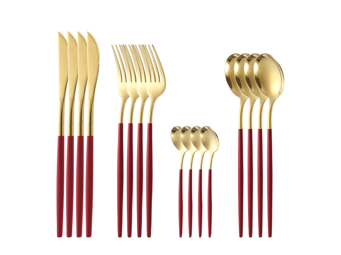 Conjunto de Talheres de Aço Inoxidável 16 Peças para Restaurante Familiar-Vermelho 