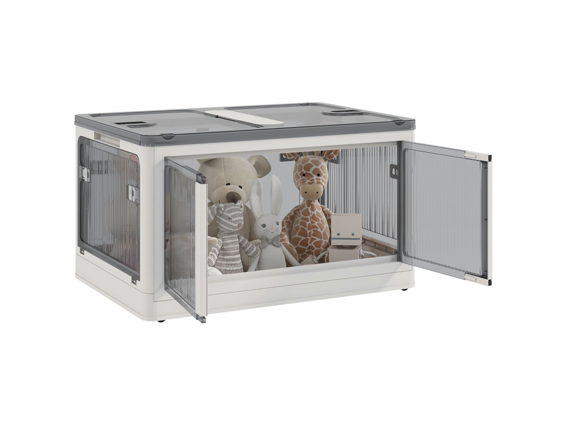 Caja de almacenamiento de plástico plegable y apilable de 99 litros con tapa y ruedas, color blanco.