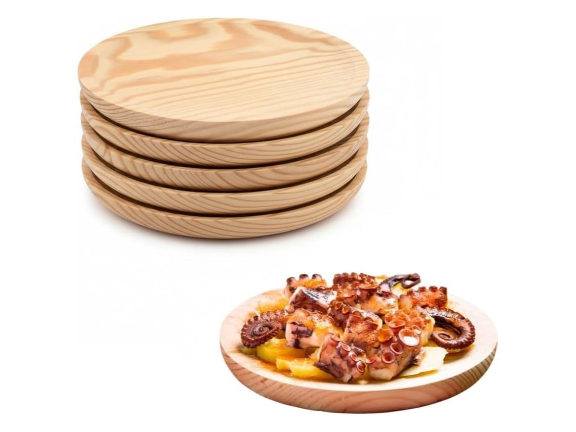 6x Plato De Madera Para Pulpo, Pizza, Charcuteria, Quesos, Tapas, Entrantes, Vajilla Para Comida, Tabla De Picar (6x 26cm)