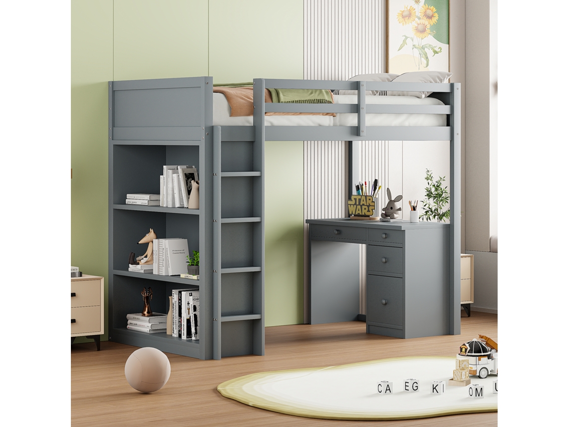 Cama Alta 90x200 cm con Armarios y Escritorio, Cama Alta Multifuncional de Madera para Niños.