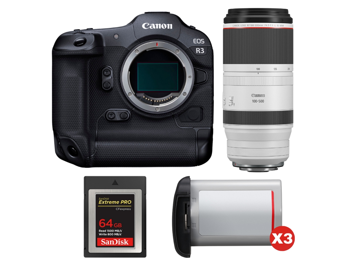 Canon Eos R3 + Rf 100-500mm F/4.5-7.1 L Is Usm + 1 Sandisk 64gb Extreme Pro Cfexpress Type B + 3 Canon Lp-e19 + Ebook Pricedirect
