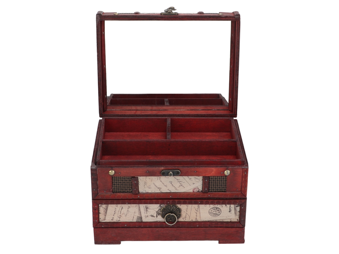 Gran joyero vintage multicapa, de madera y cuero sintético, diseño clásico, ideal para guardar joyas.