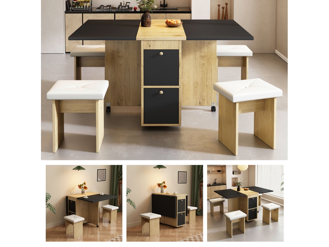 Conjunto Mesa Comedor 120x80x75 - Mesa Extensible, 4 Sillas, Multifuncional - Blanco + Negro