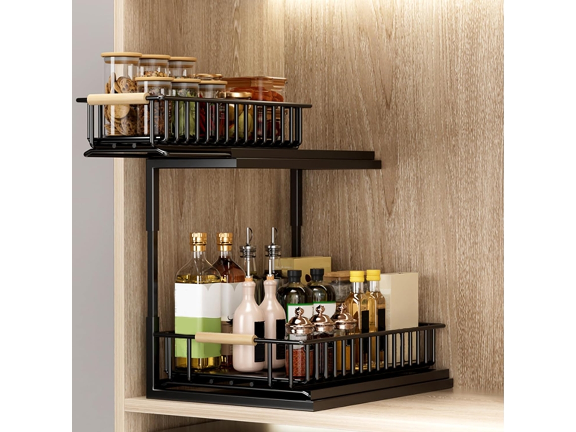 Organizadores deslizantes para gabinete de fregadero de 2 niveles, metal inoxidable, con mango de madera NEVEANCE