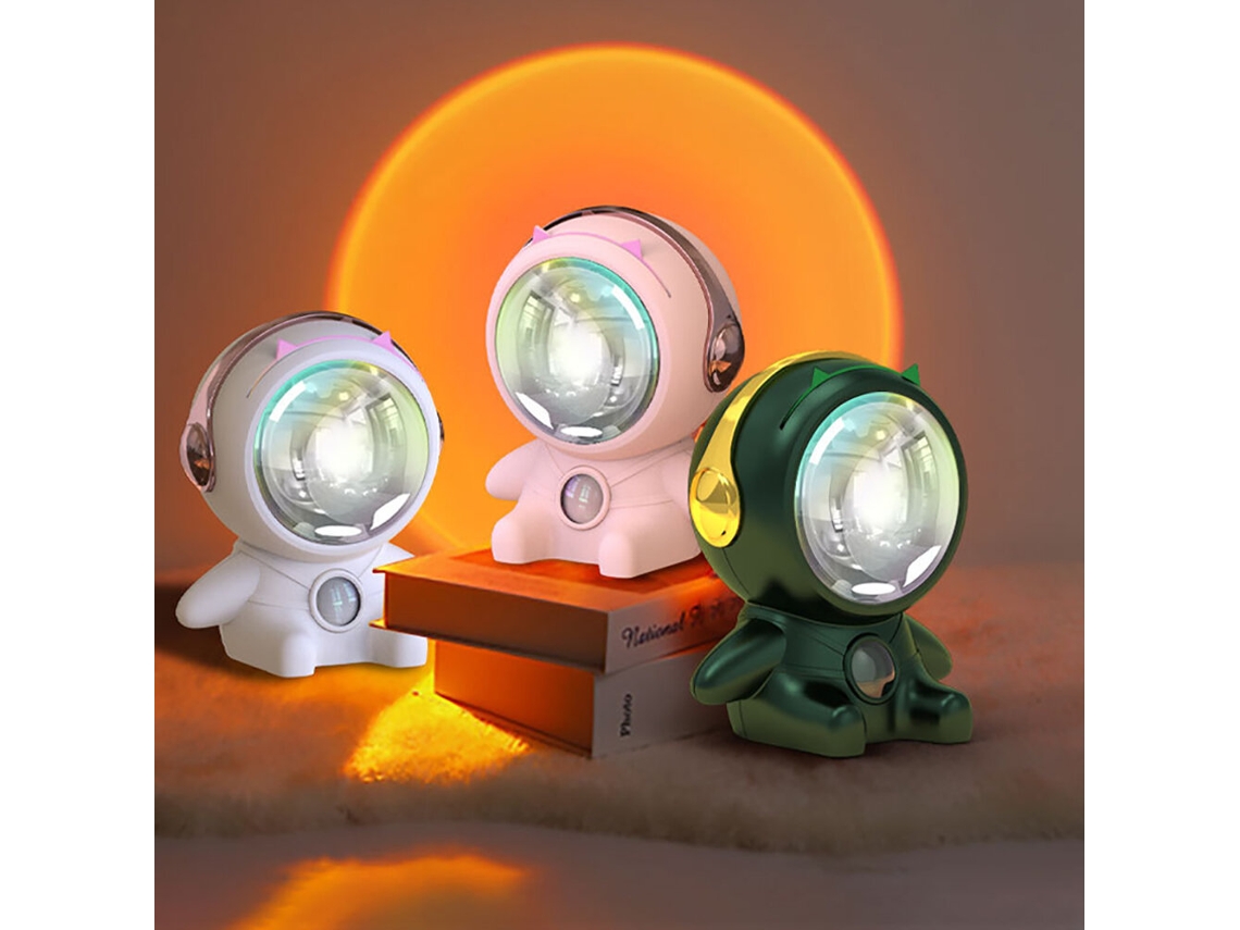 Proyector de luz nocturna con atmósfera de atardecer blanco, mini astronauta, luz LED, luz de atardecer, proyector USB RGB para transmisión de fondo