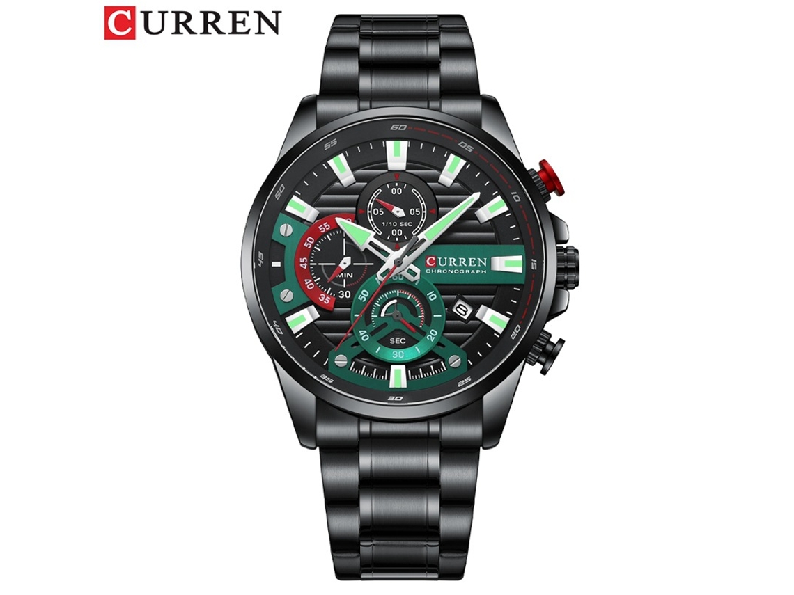 Reloj de negocios para hombre en acero inoxidable, con fecha, seis manecillas y diseño multifuncional. MDUG (Negro y Verde)