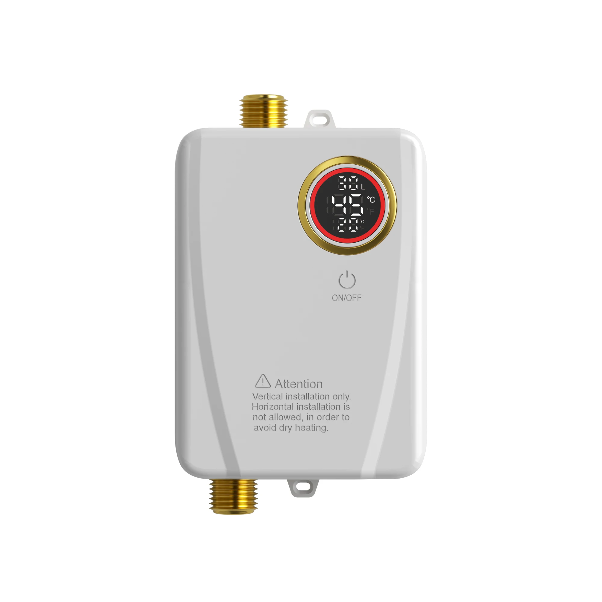 Calentador de agua eléctrico instantáneo (blanco) con pantalla LCD de temperatura y control remoto.