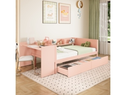Cama Individual De 90x200 Cm Con Escritorio, 2 Cajones Y Estantes, Madera Rosa, Colchón No Incluido.