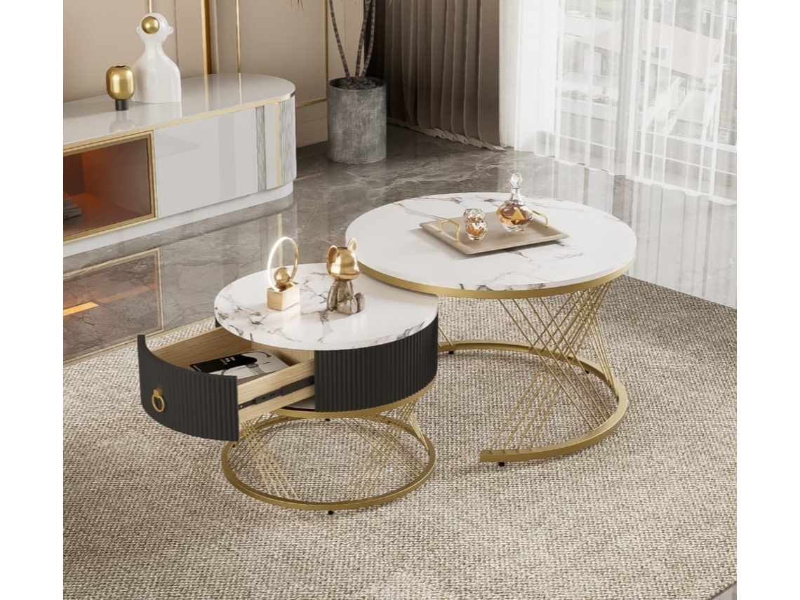 Mesa De Centro Apilable 2 Piezas - Marmoroptik, Detalles Dorados, Con Cajones
