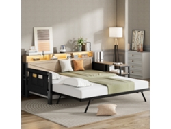 Sofá Cama De Metal Negro De 90x200 Cm Con Cama Nido, Cajones Y Almacenamiento Led.