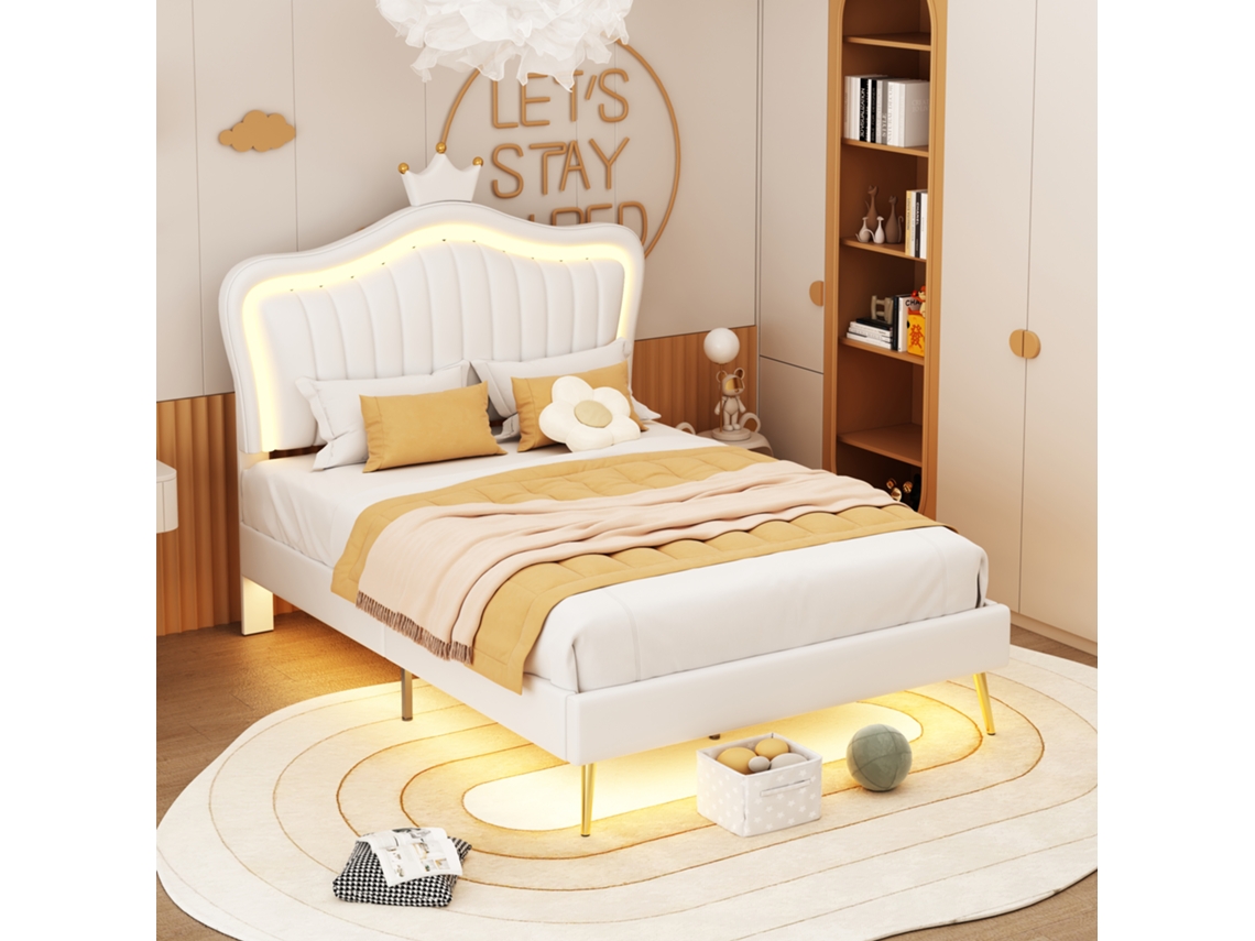 Cama Tapizada Infantil 90x200 Cm En Cuero Pu Blanco Con Corona Y Luces Led, Estructura De Listones Para Niñas Sin Colchón