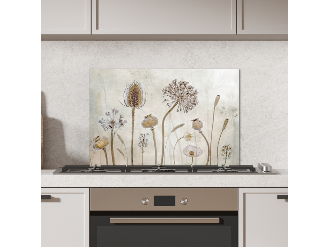 Panel Antisalpicaduras Cocina Flores - Acuarela - Naturaleza Muerta - Marrón - Vintage 60x40 Cm