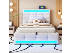 Cama con Arca Acolchada 90x200cm con Puerto USB con Tira de Luz LED Estilo Lino Beige (sin Colchón)