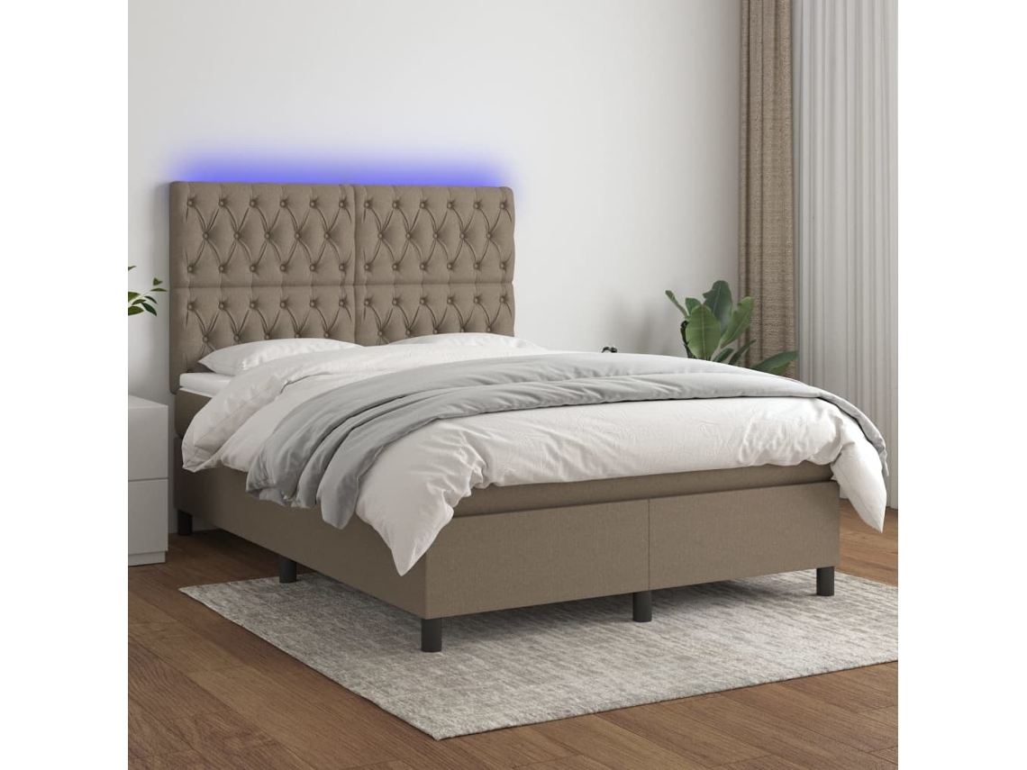 Cama Box Spring Colchón Y Luces Led Tela Gris Taupe 140x190 Cm