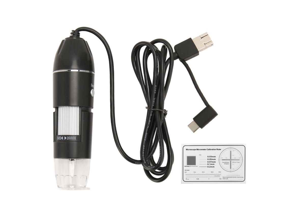 Microscopio digital 3 en 1 USB tipo C con aumento de 50x a 1600x y luz dorada de 8 LED