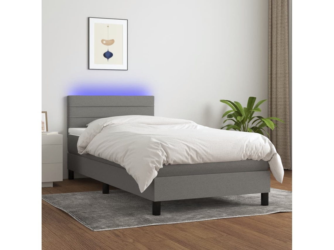Cama Individual | Cama Box Spring Colchón Y Luces Led Tela Gris Oscuro 80x200 Cm