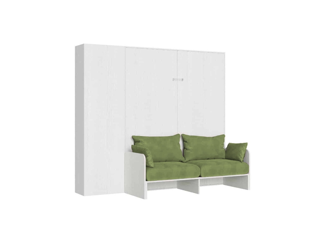 Cama Doble Abatible Kentaro De 160 Cm Con Sofá Y Columna En Fresno Blanco Y Verde