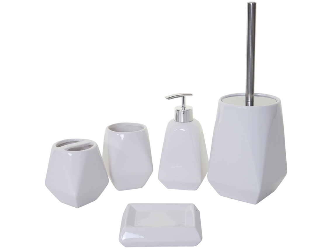 Juego de accesorios de baño de 5 piezas: Soporte para escobilla de inodoro, soporte para cepillo de dientes de cerámica blanca 04_0004839